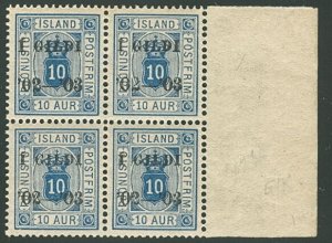 ICELAND #O27 10aur I GILDI, p. 14x13½  Mgn Blk 4 NH