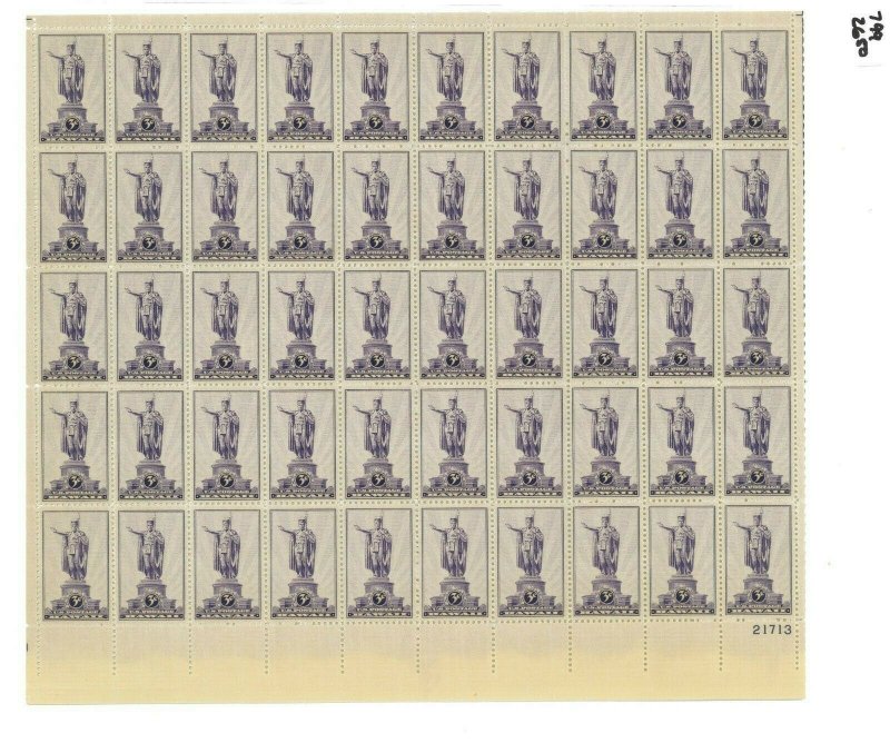 1937 United States Postage Stamp #799 Plate No. 21713 Mint Full Sheet