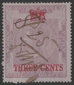 STRAITS SETTLEMENTS 1867 Crown & 'THREE CENTS' on QV India Receipt Revenue 1a.