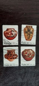 US Scott # 1706-1709; Four used 13c Pueblo Art, 1977; VF/XF centering; off paper