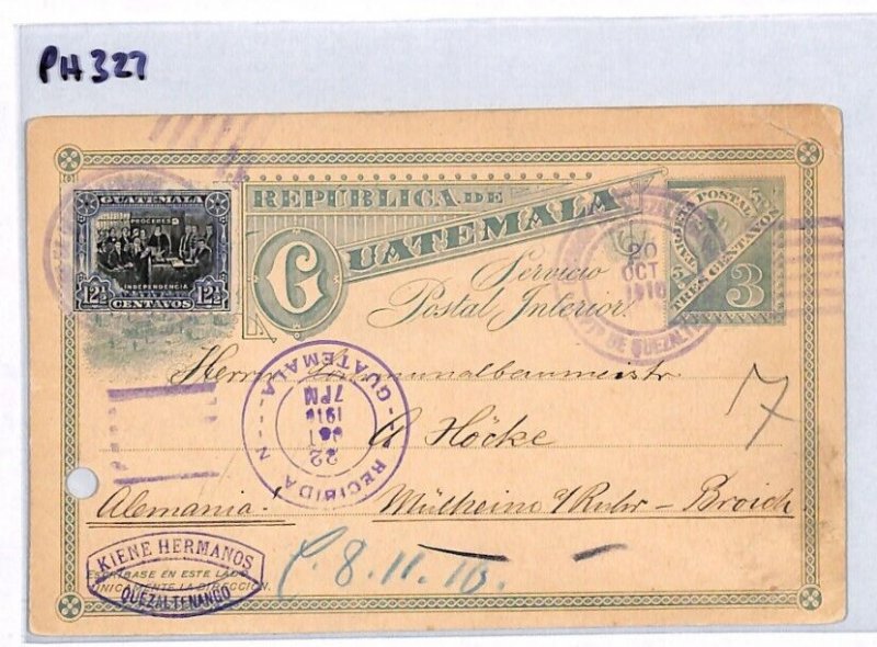 GUATEMALA 3c Postal Stationery Card QUETZALTENANGO 1910 Germany {samwells}PH327