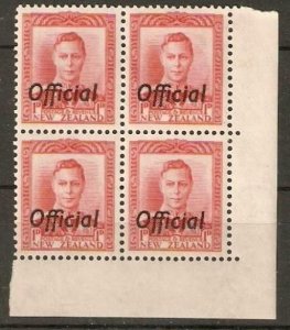 NEW ZEALAND SGO136 1938 1d SCARLET BLOCK OF 4  MTD MINT