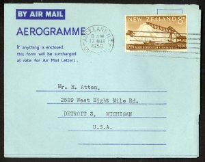 NEW ZEALAND 1959 8d MARLBOROUGH CENTENNIAL Sc 329 on FORMULAR Aerogramme to USA