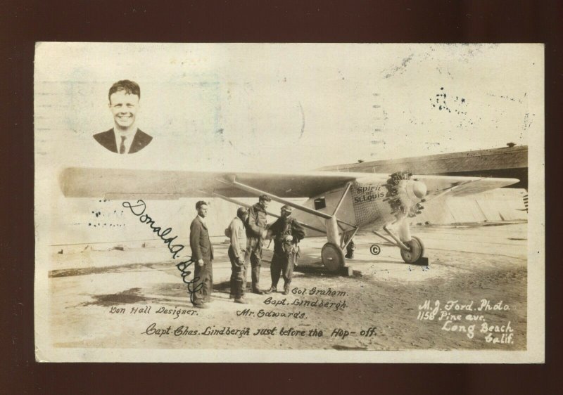 DONALD HALL SPIRIT OF ST LOUIS DESIGNER SIGNED AUG 15 1927 LINDBERGH PHOTO CARD