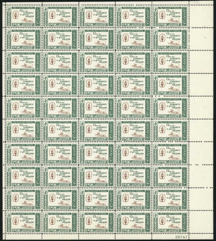 US Stamp - 1961 Credo - Patrick Henry - 50 Stamp Sheet - Scott #1144