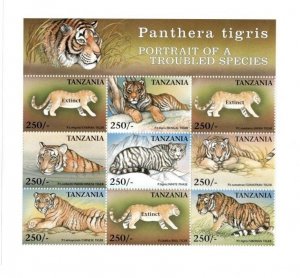 Tanzania 1999 - Endangered Species - Tigers - Sheet of 9 stamps - MNH