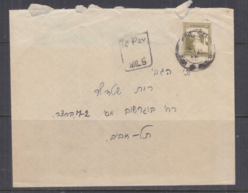 PALESTINE, 1940 cover, 20m. to Tel Aviv, Taxed TO PAY, MILS. 