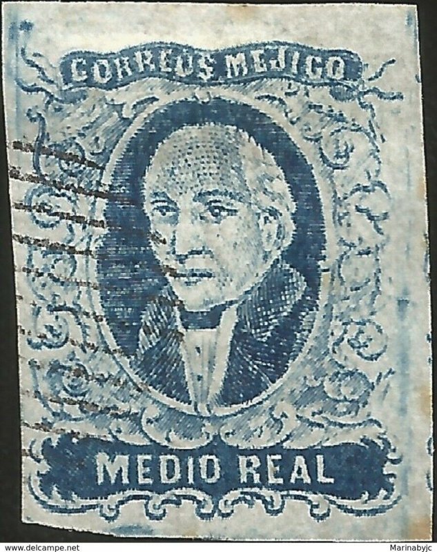 J) 1856 MEXICO, HIDALGO, MEDIO REAL BLUE, DISTRICT APAM, MUTE CANCELLATION, MN