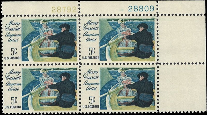 Scott # 1322 1966 5c multi  The Boating Party  Plate Block - Upper Right - Mint 