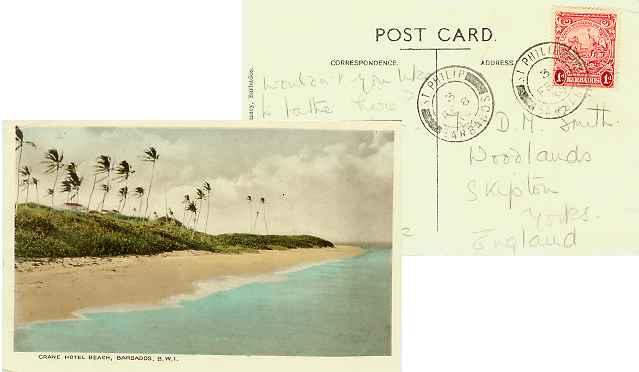 Barbados 1d Seal of the Colony 1939 St. Philip, Barbados PPC (Crane Hotel Bea...