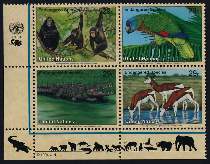 United Nations - New York 642a BL Block MNH Chimpanzee, Parrot, Crocodile