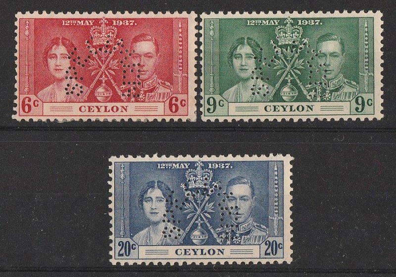 CEYLON : 1937 KGVI Coronation set 6c-20c SPECIMEN. MNH **.