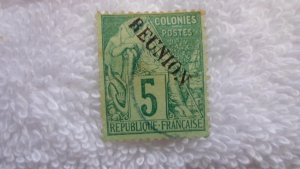 REUNION 1891 USED STAMP COMMERCE 5C GREEN ON GREEN SC# 20