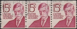 USA #1305E 1978 15c Oliver W. Holmes Strip of 3 coil type 1 USED-F-VF-NH.