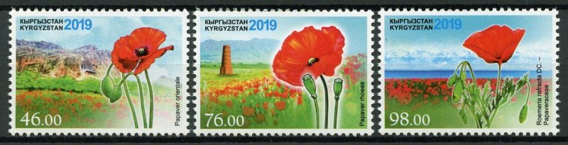 Kyrgyzstan Flowers Stamps 2019 MNH Flora Poppy Poppies Nature 3v Set