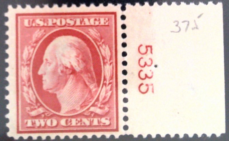 Scott 375 - VF - 2c Washington - Carmine - MNH - P# Single - 1910