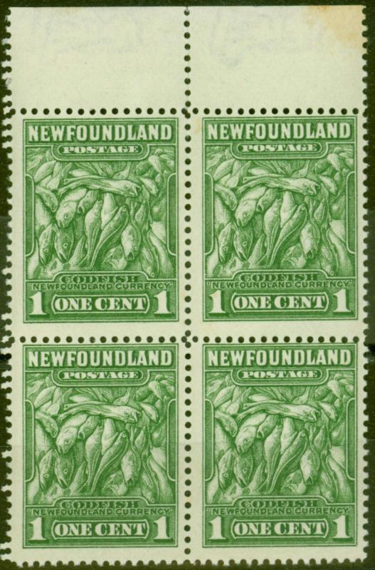 Newfoundland 1932 1c Green SG209b P.13 Line Fine MNH Block of 4