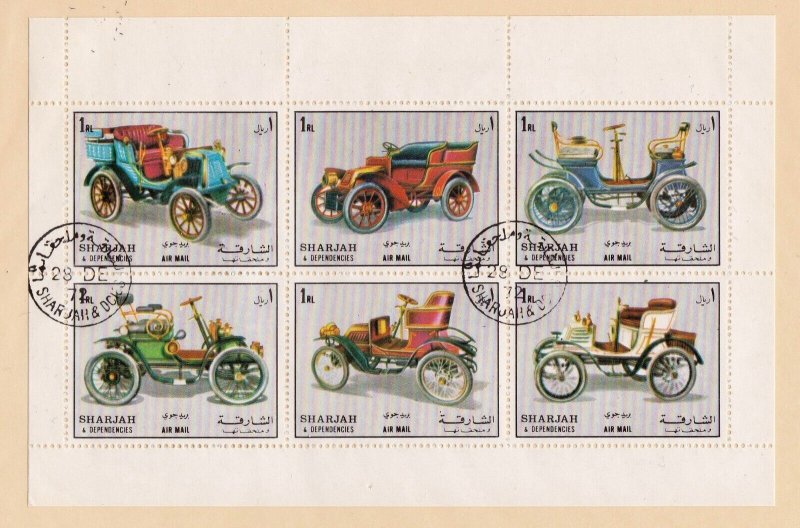 Sharjah Souvenir Sheet, unlisted in Scott, used, topical, cars