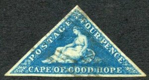 Cape 1855-63 4d blue wmk SIDEWAYS SG6c lightly used cat 400 pounds 