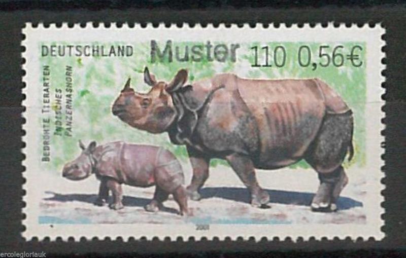 GERMANY --  2001  stamp OVERPINTED : MUSTER Specimen - Rhinoceros FAUNA