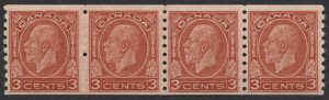 Canada #207 3c George V Medallion Coil Strip of 4 F-VF Mint OG H