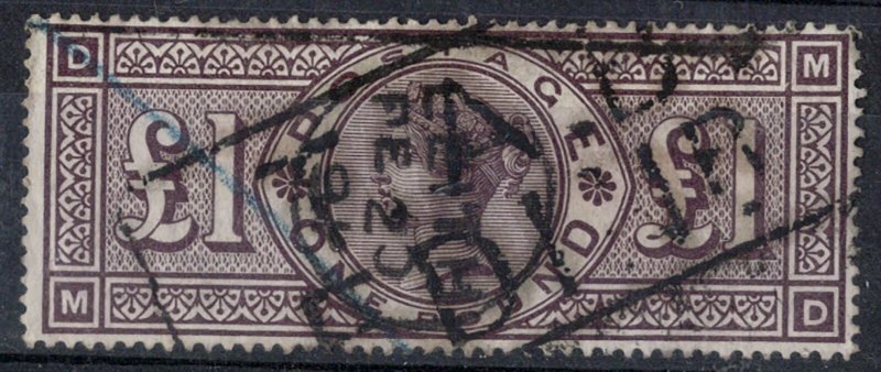 GB 1884 Â£1 brown wmk crowns sg185 vgu, cds + box cancel, strong colour cat Â£30 