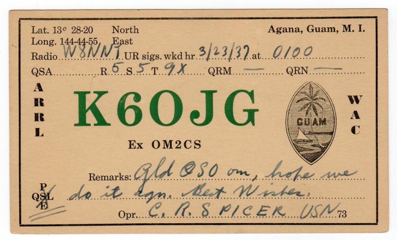 Jefferson 1c postal card UX27, QSL card used from Guam, 1937