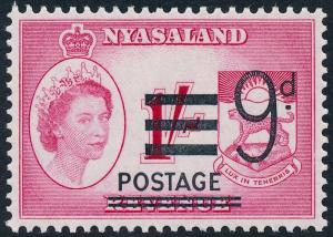 Nyasaland 1963 9d on 1s Cerise SG193 MLH