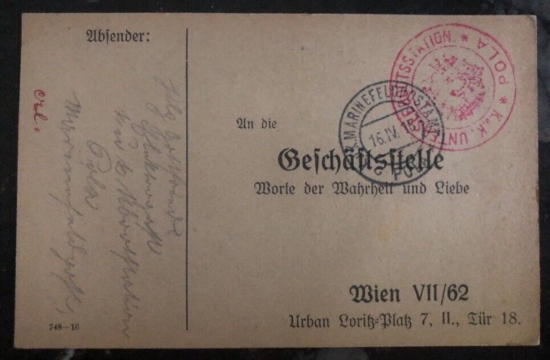 1916 Pola Austrian Empire Feldpost KuK Postcard Cover To Vienna Austria WW1