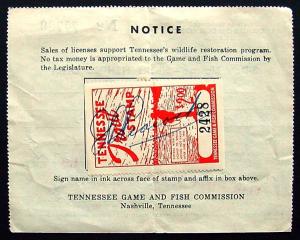 USA, Tennessee, 1968 Trout Stamp on Fishing License