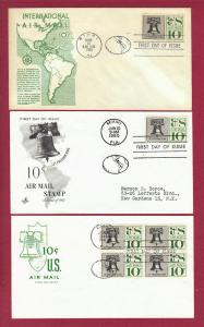 	 1960 10c LIBERTY BELL #C57, 3 FDCs, Various