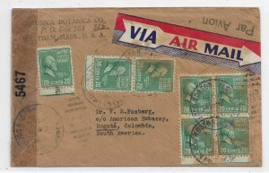 Waltham, Ma to Bogota, Colombia 1943 Airmail, Censored 7 x 20c Prexies (C4810)