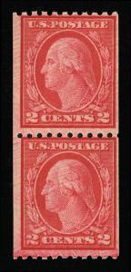 GENUINE SCOTT #487 MINT OG NH 1916 TYPE-II CARMINE PERF-10 UNWMK COIL PAIR #7262