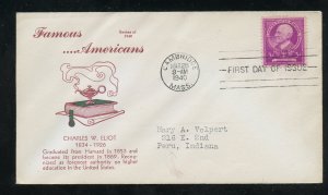 US 871 M=40 Charles Eliot Famous American Unknown cachet FDC ADDR 