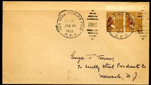 US 1939 COVER MAILED AT NY WORLD'S FAIR CANCEL TO NJ WITH NY WORLD'S FAIR CANCEL