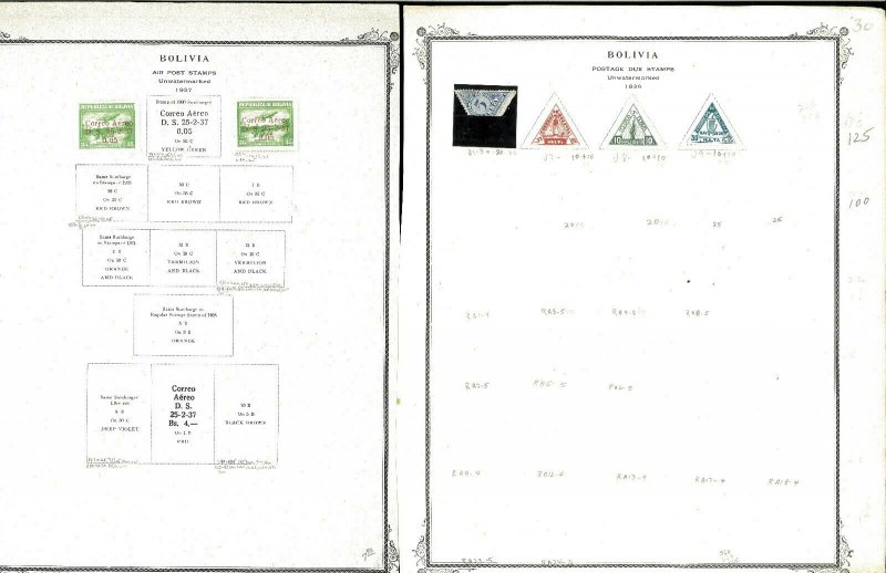 Bolivia 1925-1939 M & U Hinged & in Mounts on a Mix of Remaindered Pages.