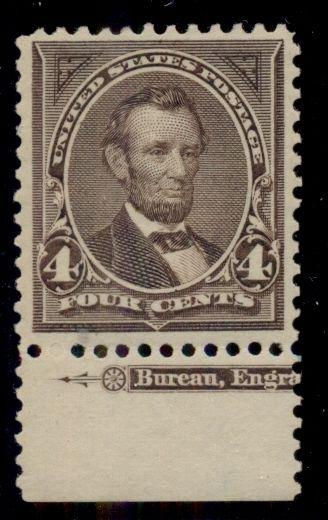 US #269 4¢ dark brown, margin single, og, NH, XF