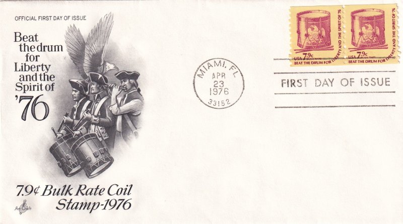 1976, 7.9c Bulk Rate Coil Stamp, Art Craft, FDC (E12289)