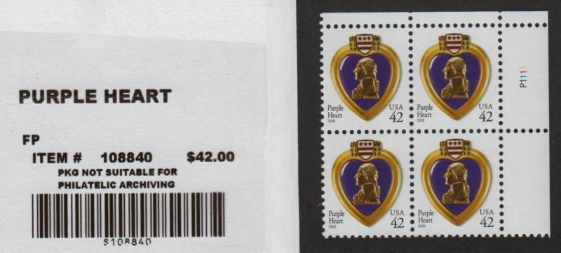 2008 Purple Heart 42c WAG Sc 4263 plate block MNH CV $35