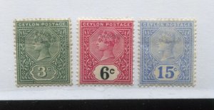 Ceylon QV 18886-1900 3, 6, and 15 cents mint o.g. hinged