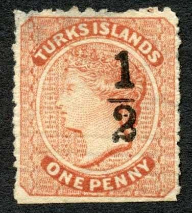 Turks Islands 1881 1/2 on 1d dull red type 8 SG16 unused cat 200 pounds 