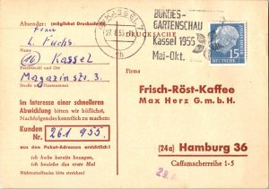 Germany 15pf President Heuss 1955 Kassel 7 Postcard to Hamburg.  EUROPEAN SIZE