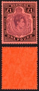 Bermuda SG121b KGVI One Pound Pale Purple and Black on pale red Fresh U/M