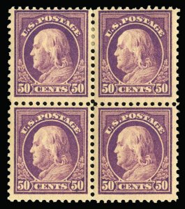 United States, 1910-30 #518 Cat$375, 1917-19 50c red violet, block of four, t...