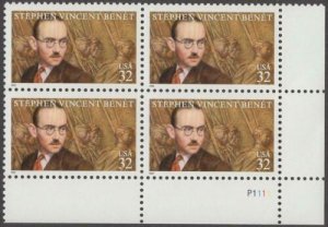 1998 Stephen Vincent Benet, Author Plate Block of 4 32c Stamps, Sc#3221, MNH, OG