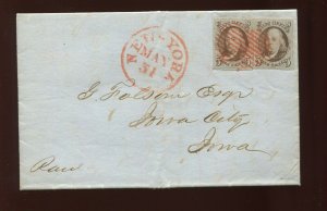 1 Franklin Used Stamps on 1850 Cover NY to Iowa City Iowa (1 Cvr 30) 