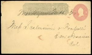1860's WELLS FARGO & CO., Cover, ms. MONTEZUMA to SAN FRAN Business, SC #U58!