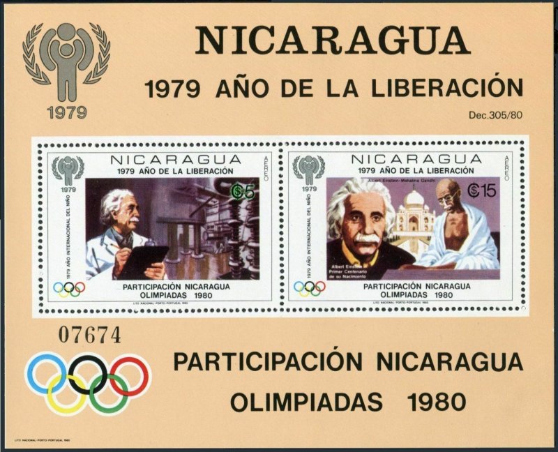 Nicaragua Michel Bl.113,MNH. Olympics Lake Placid,Moscow-1980.Einstein,Gandhi.