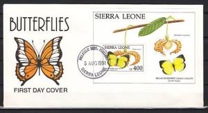 Sierra Leone, Scott cat. 1407. Butterfly s/sheet on a First day cover.