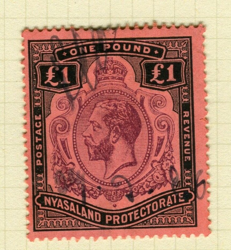 NYASALAND; 1913 early GV issue fine used £1. value